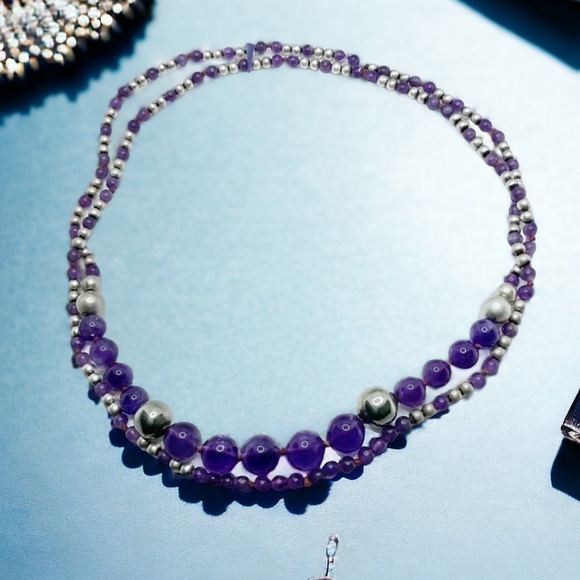 Vintage Amethyst Bead Beaded Sterling Silver Handknotted Necklace from 1940’s - Picture 1 of 7